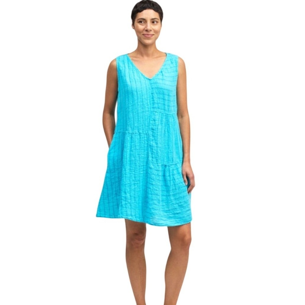Cut Loose Blue Linen Stripe Patch Dress Sleeveless V-Neck Shift Medium 4200784